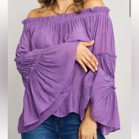 ee:some Frill Trim Off-Shoulder Bell Sleeve Blouse Lavender Brand New W/Tags Med - Picture 1 of 5